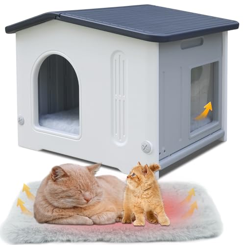 CSQOO Wasserdichtes Katzenhaus im Freien mit Fluchttür, Kunststoff-Katzenhaus für Wildkatzen, Outdoor-Katzenhaus mit Matte, stabiles Katzenhaus für Outdoor-Katzen, einfacher Zusammenbau, Grau von CSQOO