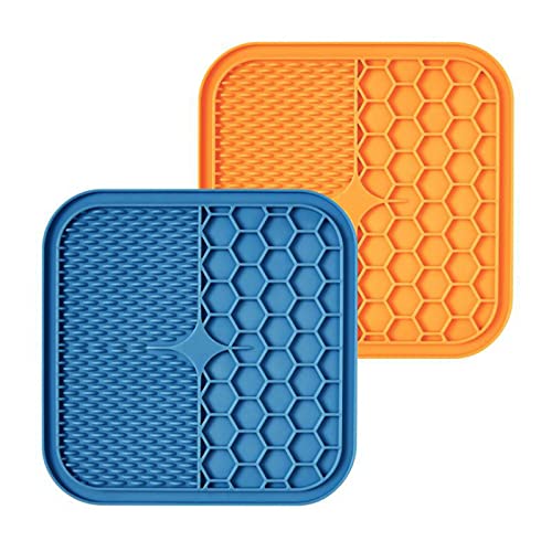 Leckmatten for Hunde, 2er-Pack [Blau und Orange] Leckerli-Pads aus Silikon mit Erdnussbutter for langsames Füttern, bisssicher, und Geschenk – Ablenkungs- und Trainingsgerät for das Hundebad /2019/441 von CSSWLAI