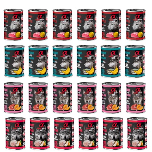 Alpha Spirit Nassfutter Maxi Packs Monatlich, 24 Dosen x 400 g (Mix 2 Schweinefleisch mit Apfel, Sardine mit Banane, Schinken mit Melone, Truthahn mit Birne) von CT-TRONICS