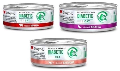 Disugual Diabetiker-Katze, besondere Ernährungsbedürfnisse, verschiedene Geschmacksrichtungen und Mischungen, (18 x 85 g, 6 x Rindfleisch, 6 x Lachs, 6 x Ente) von CT-TRONICS