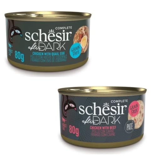 Schesir After Dark Nassfutter für Katzen, in Pastete und Brühe, 2er Pack, 24 x 80 g, sortiert (24 x 80 g, Hühnchen mit Wachtelei in Brühe + Huhn mit Rindfleisch in Pastete) von CT-TRONICS