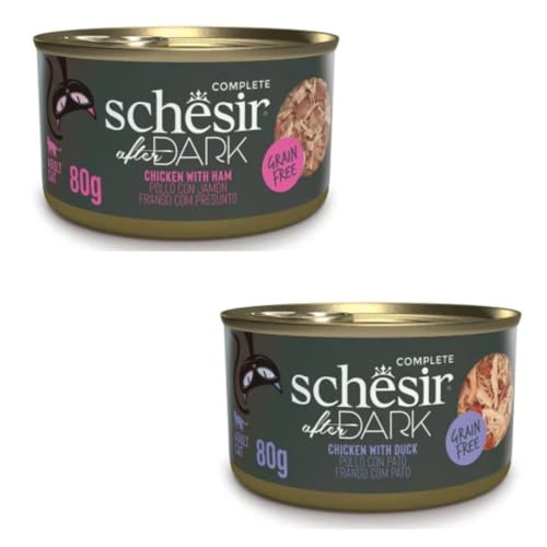 Schesir After Dark | Nassfutter für Katzen | in Filets in Brühe und Pastete | 2er Pack | 24 x 80 g | (24 x 80 cm, Hühnchen mit Schinken in Brühe + Huhn mit Ente in Brühe) von CT-TRONICS