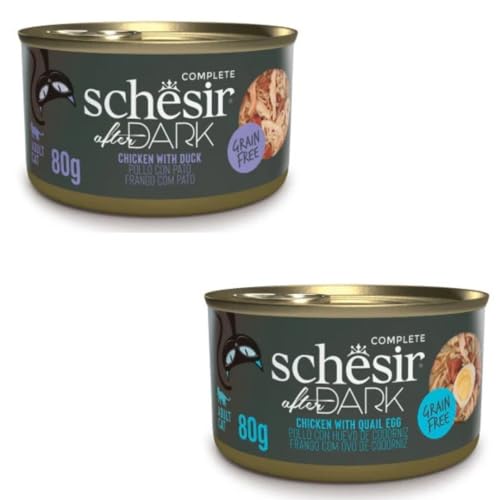 Schesir After Dark | Nassfutter für Katzen | in Filets in Brühe und Pastete | 2er Pack | 24 x 80 g | (24 x 80 cm, Huhn mit Wachtelei in Brühe + Huhn mit Ente in Brühe) von CT-TRONICS