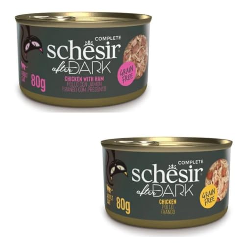 Schesir After Dark | Nassfutter für Katzen | in Filets in Brühe und Pastete | 2er Pack | 24 x 80 g (24 x 80 g, Hühnchen mit Schinken in Brühe + Hühnchen in Brühe) von CT-TRONICS