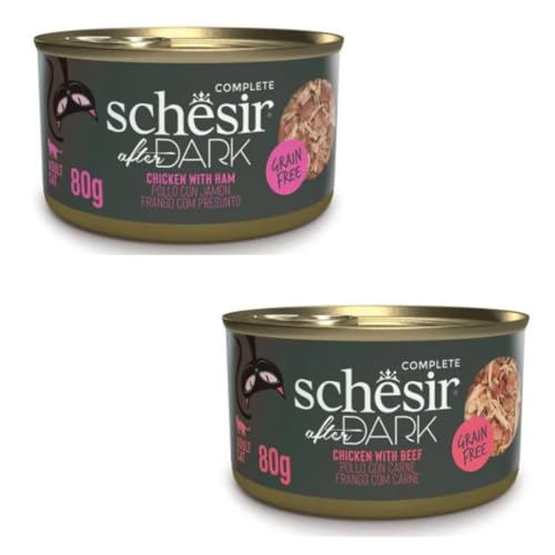 Schesir After Dark | Nassfutter für Katzen | in Filets in Brühe und Pastete | 2er Pack | 24 x 80 g (24 x 80 g, Hühnchen mit Schinken in Brühe + Huhn mit Kalb in Brühe) von CT-TRONICS