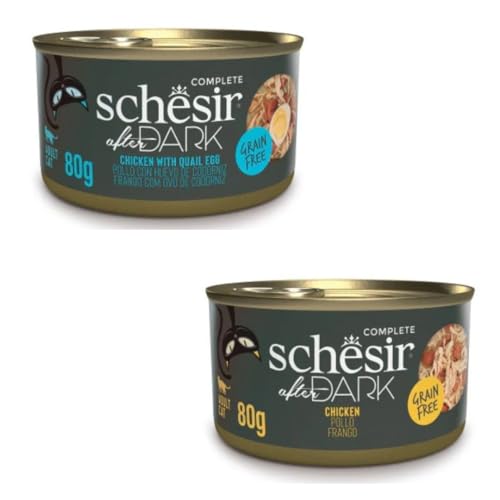 Schesir After Dark | Nassfutter für Katzen | in Filets in Brühe und Pastete | 2er Pack | 24 x 80 g (24 x 80 g, Huhn mit Wachtelei in Brühe + Hühnchen in Brühe) von CT-TRONICS