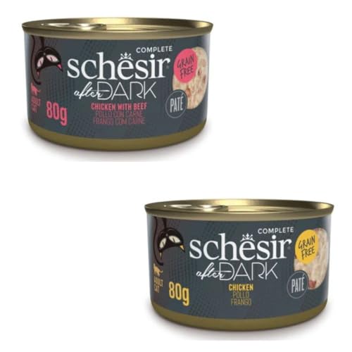Schesir After Dark | Nassfutter für Katzen | in Pastete | 2er Pack | 24 x 80 g | (24 x 80 g, Huhn mit Rindfleisch in Pastete + Hühnchen in Pastete) von CT-TRONICS