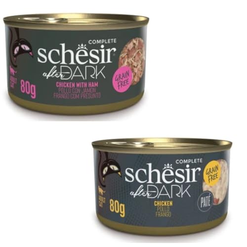 Schesir After Dark | Nassfutter für Katzen | in Pastete und Brühe | 2er Pack | 24 x 80 g | sortiert | (24 x 80 g, Hühnchen mit Schinken in Brühe + Hühnchen in Pastete) von CT-TRONICS