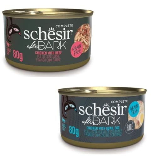 Schesir After Dark | Nassfutter für Katzen | in Pastete und Brühe | 2er Pack | 24 x 80 g | sortiert (24 x 80 g, Hühnchen mit Schinken in Brühe + Hühnchen mit Wachtelei) von CT-TRONICS