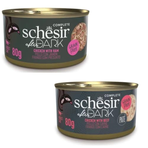 Schesir After Dark | Nassfutter für Katzen | in Pastete und Brühe | 2er Pack | 24 x 80 g | sortiert | (24 x 80 g, Hühnchen mit Schinken in Brühe + Huhn mit Rindfleisch in Pastete) von CT-TRONICS