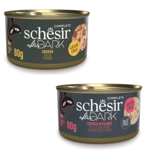 Schesir After Dark | Nassfutter für Katzen | in Pastete und Brühe | 2er Pack | 24 x 80 g | sortiert | (24 x 80 g, Huhn in Brühe + Hühnchen mit Rindfleisch in Pastete) von CT-TRONICS