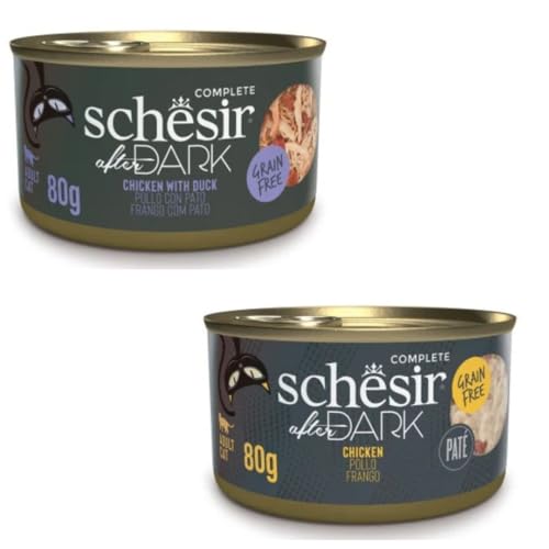 Schesir After Dark | Nassfutter für Katzen | in Pastete und Brühe | 2er Pack | 24 x 80 g | sortiert | (24 x 80 g, Huhn mit Ente in Brühe + Hühnchen in Pastete) von CT-TRONICS