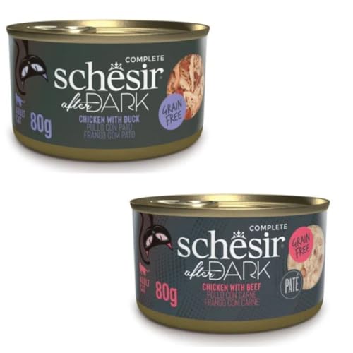 Schesir After Dark | Nassfutter für Katzen | in Pastete und Brühe | 2er Pack | 24 x 80 g | sortiert | (24 x 80 g, Huhn mit Ente in Brühe + Huhn mit Rindfleisch in Pastete) von CT-TRONICS