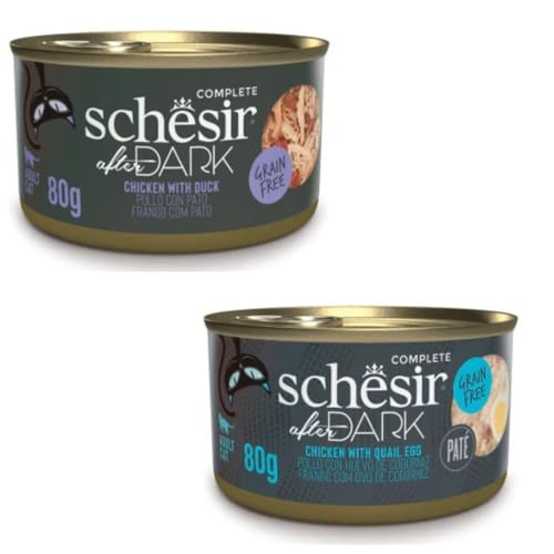 Schesir After Dark | Nassfutter für Katzen | in Pastete und Brühe | 2er Pack | 24 x 80 g | sortiert | (24 x 80 g, Huhn mit Ente in Brühe + Huhn mit Wachtelei) von CT-TRONICS