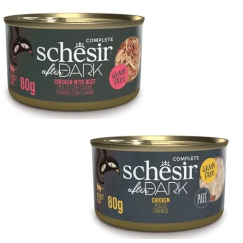 Schesir After Dark | Nassfutter für Katzen | in Pastete und Brühe | 2er Pack | 24 x 80 g | sortiert (24 x 80 g, Huhn mit Rindfleisch in Brühe + Hühnchen in Pastete) von CT-TRONICS