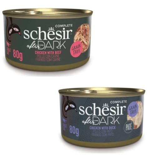 Schesir After Dark | Nassfutter für Katzen | in Pastete und Brühe | 2er Pack | 24 x 80 g | sortiert (24 x 80 g, Huhn mit Rindfleisch in Brühe + Huhn mit Ente in Pastete) von CT-TRONICS