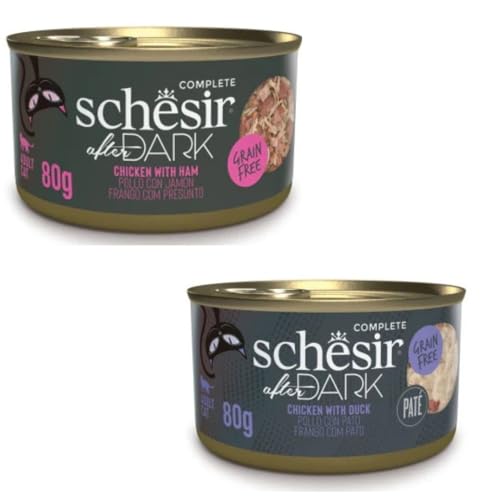 Schesir After Dark | Nassfutter für Katzen | in Pastete und Brühe | 2er Pack | 24 x 80 g | sortiert | (24 x 80 g, Huhn mit Schinken in Brühe + Hühnchen mit Pastete) von CT-TRONICS