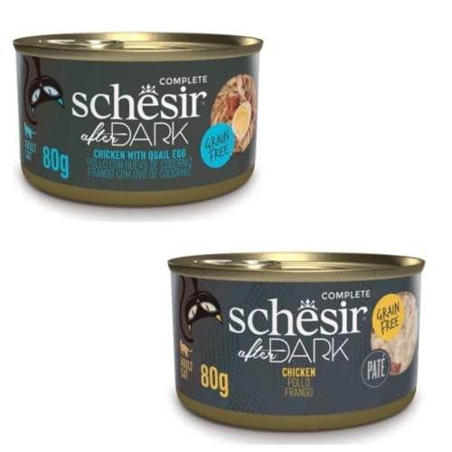 Schesir After Dark | Nassfutter für Katzen | in Pastete und Brühe | 2er Pack | 24 x 80 g | sortiert | (24 x 80 g, Huhn mit Wachtelei in Brühe + Hühnchen in Pastete) von CT-TRONICS