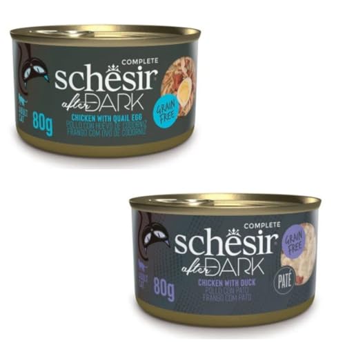 Schesir After Dark | Nassfutter für Katzen | in Pastete und Brühe | 2er Pack | 24 x 80 g | sortiert | (24 x 80 g, Huhn mit Wachtelei in Brühe + Hühnchen mit Pastete) von CT-TRONICS