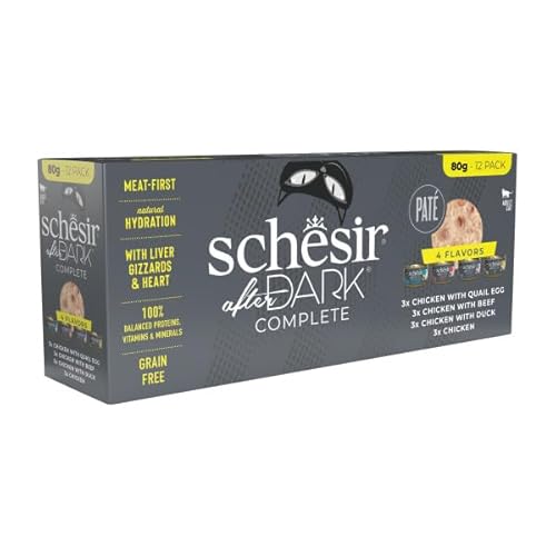 Schesir After Dark | Packung mit Pasteten und Filets | Dosen 12 x 80 g | (Sorte Pastete (3 x Huhn mit Wachtelei, 3 x Huhn mit Wachtelei, 3 x Huhn mit Ente 3 x Huhn mit Ochsen)) von CT-TRONICS