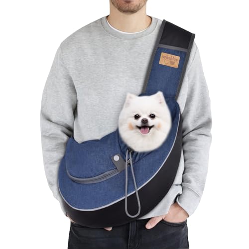 CUBY Pet Sling Carrier for Puppy Dog, Dogs Sling Carrier Breathable Safety Front Pocket Pet Sling Carrier, Hands-Free Mesh Bag with Adjustable Shoulder Strap for Outdoor and Travel (Denim, M) von CUBY