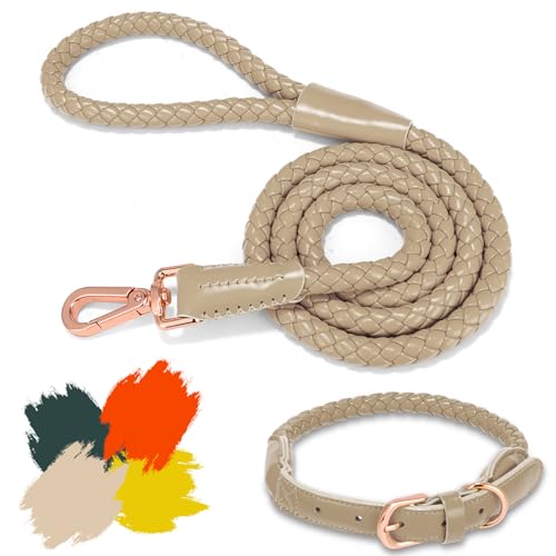 Hundeleine und Halsband aus weichem Leder, stilvolles, robustes, geflochtenes, wasserdichtes Halsband und Leine, robuste rotgoldene Schnalle, 122 cm, für große, mittelgroße und kleine Hunde, Khaki, von CUGBCUG