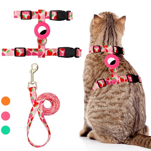 Katzengeschirr und Leine, ausbruchsicher, für Spaziergänge, Reisen, Outdoor, niedliches Katzengeschirr, Nylon, verstellbar, niedliches Katzengeschirr-Set mit Airtag-Halterung für kleine und große von CUSOZWO