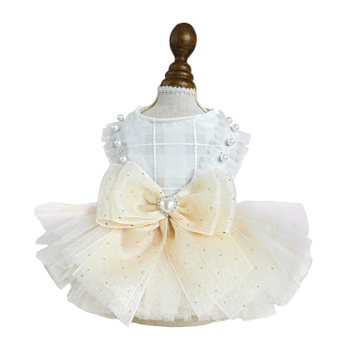 CUSROS Süßes Frühlings-Hundekleid, ärmellos, Haustier-Outfit, atmungsaktiv, Prinzessin, Hochzeit, mehrlagiges Netzgewebe mit Schleife, Perlendekor, leicht zu tragende Kleidung, Druckknöpfe für XL von CUSROS