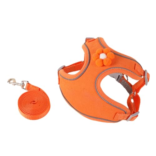 Haustier-Leine-Geschirr-Set, mit Blumen verziert, für Hunde, kleiner reflektierender Riemen, nachtsichere Weste mit Dekoration, verstellbarer Brustgurt, Schnellverschluss-Schnalle, Step-in Orange 2xs von CUSROS