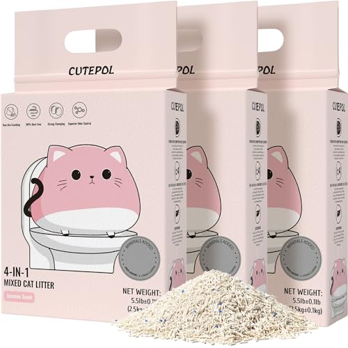 Cutepol Mixed 4-in-1 Klump-Katzenstreu 15kg, Geruchskontrolle und schnelles Klumpen, wasserabsorbierend und spülbar, staubfrei, Mehrkatzen, Bentonit-Tofu-Katzenstreu, Jasmin-Duft, 2.5kg/Packung von CUTEPOL