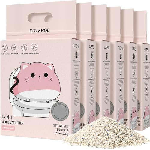 Cutepol Mixed 4-in-1 Klump-Katzenstreu 15kg, Geruchskontrolle und schnelles Klumpen, wasserabsorbierend und spülbar, staubfrei, Mehrkatzen, Bentonit-Tofu-Katzenstreu, Jasmin-Duft, 2.5kg/Packung von CUTEPOL