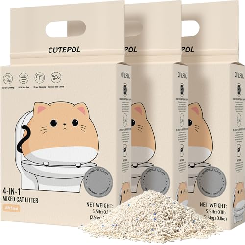 Cutepol Mixed 4-in-1 Klump-Katzenstreu 15kg, Geruchskontrolle und schnelles Klumpen, wasserabsorbierend und spülbar, staubfrei, Mehrkatzen, Bentonit-Tofu-Katzenstreu, Milch-Duft, 2.5kg/Packung von CUTEPOL