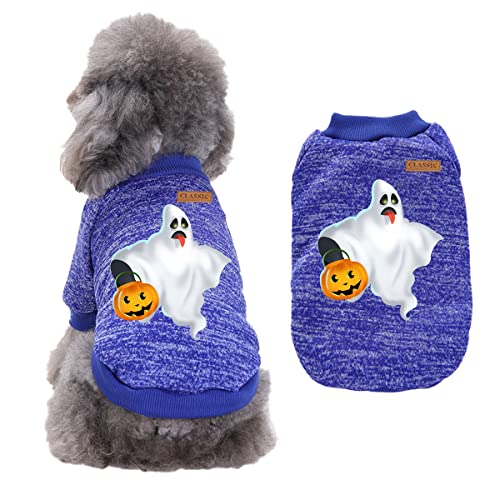 CUTIECLUB Hundepullover, Halloween-Haustierkleidung, Totenkopf, Kürbis-Druckmuster, Hunde und Katzen, Baumwollpullover, warme Kostüme für Haustiere, dunkelblau, S von CUTIECLUB