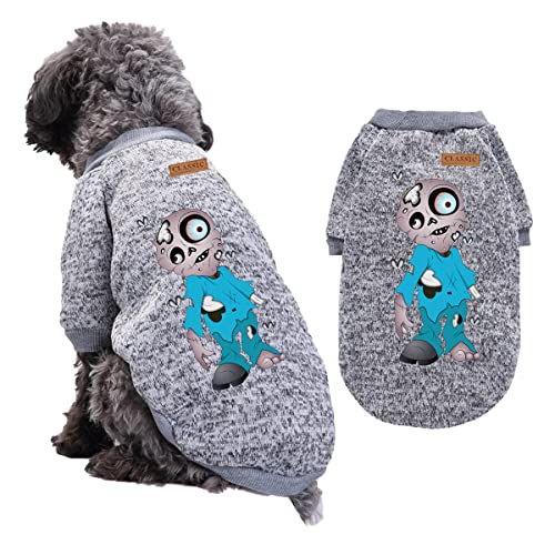 CUTIECLUB Hundepullover, Halloween-Haustierkleidung, Totenkopf, Kürbis-Druckmuster, Hunde und Katzen, Baumwollpullover, warme Kostüme für Haustiere, grau, L von CUTIECLUB