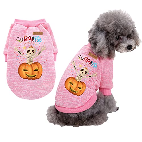 CUTIECLUB Hundepullover, Halloween-Haustierkleidung, Totenkopf, Kürbis-Druckmuster, Hunde und Katzen, Baumwollpullover, warme Kostüme für Haustiere, rosa, M von CUTIECLUB