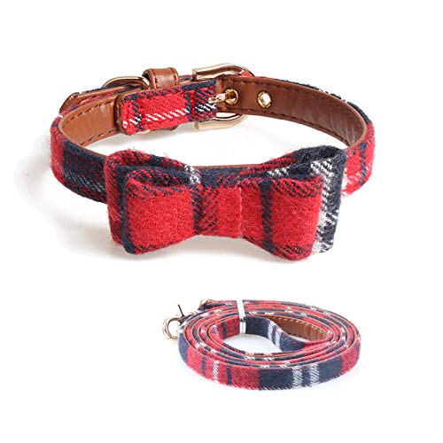 Chiatai Hundehalsband mit Kopftuch oder Fliege, verstellbares Karo-Kopftuch-Set Schal-Zubehör für kleine mittelgroße große Hundekatzen Schwarzes rotes Kariertes Halsband + Leine, M. von CUTIECLUB