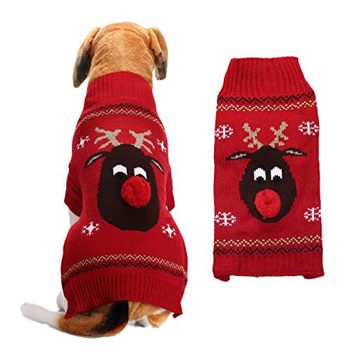 Chiatai Weihnachtspullover für Hunde, Welpen, Katzen, Strickpullover, rote Nase, Rentiermuster, Größe XXL von CUTIECLUB