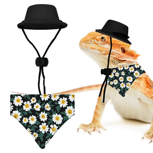 CUXFLS Bartdrache Cowboyhut & Eidechse Bandana Schal, kleine Haustierkleidung, Kostüm-Zubehör für Eidechse, Hamster, Leopard, Gecko, schwarze Sonnenblume von CUXFLS