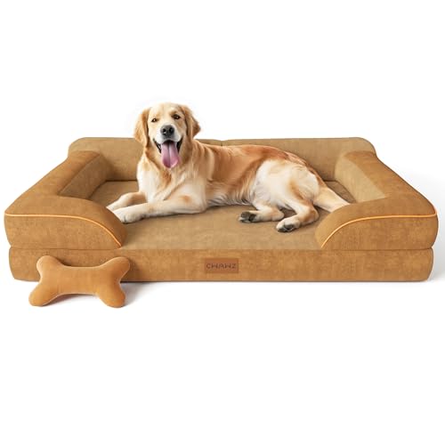 CWAWZ Extra großes Hundebett, orthopädisch, mit kühlendem Gel-Memory-Schaum, wasserdicht, XL mit abnehmbarem, waschbarem Bezug, 106,7 cm, Hundesofa, Couch, holländischer Samt mit Knochenspielzeug, von CWAWZ