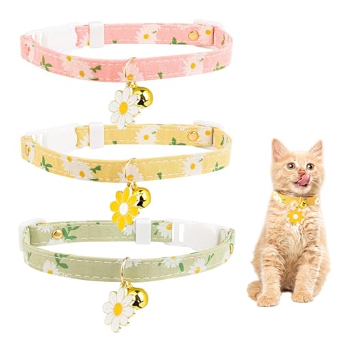 CWPFVQA 3 Stück Kleines Gänseblümchen-Haustierhalsband, Katzenhalsband, Katzenhalsbandglocke, Süßes Katzenhalsband, Katzenhalsband Mit Glocke, Katzenhalsband Mit Schnellverschluss von CWPFVQA