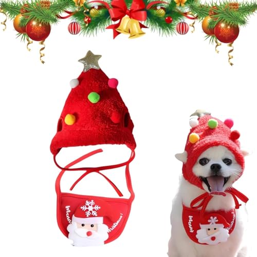 Niedlicher Weihnachtsbaum-Pom-Pom-Hundehut, Party-Haustier-Plüsch-Kopfbedeckungszubehör, Bekleidung, lustiger weicher Haustierhut für Hunde und Katzen von CXNZRLVY