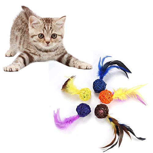 CaCaCook Feder-Weidenkatze, Bunt, 13×9×6, 5-teiliges Set, Buntes Haustier, Katze, Kätzchen, Plüsch-Spielspielzeug, Rattan mit Federglocke von CaCaCook