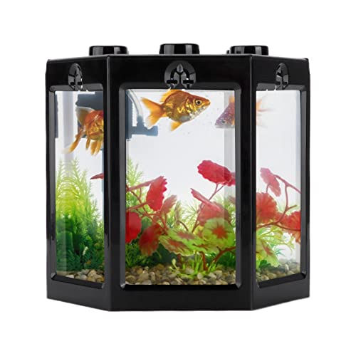 Kleines Aquarium in Sechskantform, Mini Aquarium, Betta Fisch Goldfisch Aquarium, übereinandersetzbares Tragbares Mini Aquarium, Desktop Aquarium aus Kunststoff (Schwarz) von CaCaCook