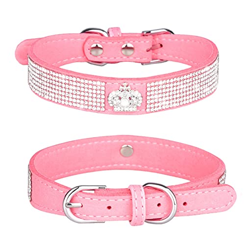 Hundehalsband Leder Breit große kleine mittelgroße Hunde Hundehalsband mit Strasssteinen, glitzernd, Weiches Wildleder, für Hunde und Katzen von Cachi