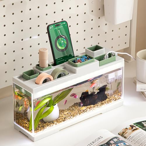 Cachpib Aquarium Desktop kleines Aquarium, transparentes Acryl-Fischbecken mit Deckel, integriertes, leises Aquarium mit Licht, Ablagefach, 3 Typ-C-Schnittstellen, Büro- und Heimdekoration, 33,5 x 10 von Cachpib