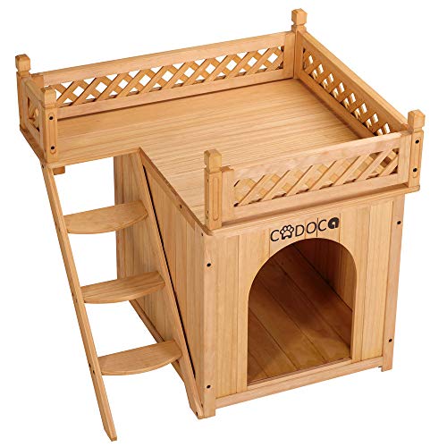 Cadoca® Katzenhaus FSC®-zertifiziert Kiefer 65x55x54cm 2-stöckig Leiter Balkon Katzenhütte Hundehütte Katzenvilla Tierhaus Sonnenterrasse von Cadoca
