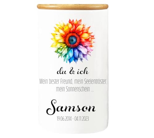 Cadouri Design-Erinnerungsdose du & ich Tierurne, Aufbewahrungsdose aus Porzellan für Andenken deiner Fellnase, Gedenkdose mit Bambusdeckel - personalisiert mit Name und Datum von Cadouri