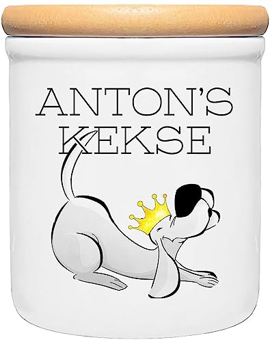 Cadouri Keramik Leckerli-Dose HUNDEFIGUR » personalisiert mit Name deines Hundes «┊Snackdose Keksdose Aufbewahrungsdose┊mit Holzdeckel von Cadouri