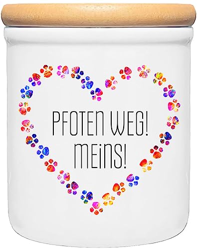 Cadouri Keramik Leckerli-Dose » Pfoten Weg! Meins! «┊Snackdose Keksdose Aufbewahrungsdose┊mit Holzdeckel von Cadouri