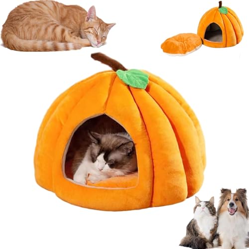 2024 Halloween Kürbis Katzenbett, Katzenbetten für Indoor-Katzen, niedliches Kürbis-Stil Katzenhöhlenbett, Katzenhauszelt für Katzen Hunde, halbgeschlossenes Haustiernest mit abnehmbarem Kissen von Caduola